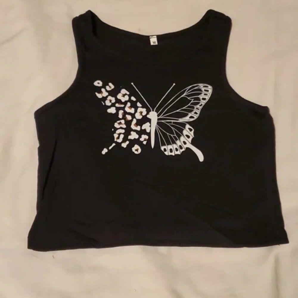 Hilinker Butterfly Graphic Sleeveless Crop Tank Top in Black Size M NWT